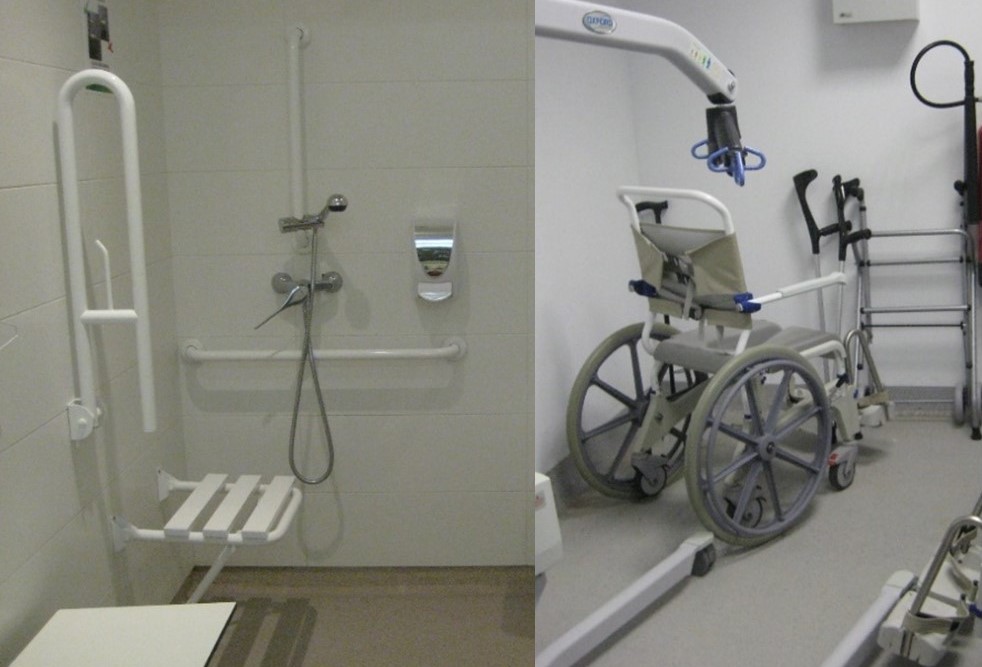 A la izquierda una ducha adaptada con una silla de pared, a la derecha una silla de ruedas anfibia.